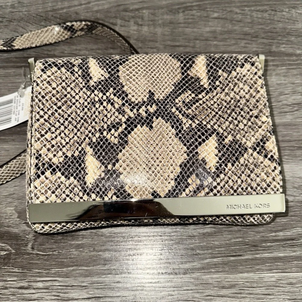 Michael Kors Julian Snake Print Leather Dark‎ Sand Shoulder Flap Brand New